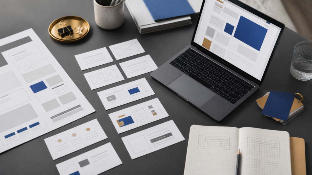Modular website wireframes arranged beside a laptop on a design studio desk